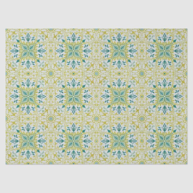 Papel De Seda Patrón de vid y flores amarillo turquesa de Morris (Anverso)
