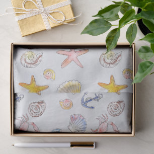 Papel De Seda Patrón de vida marina y conchas de océano acuarela
