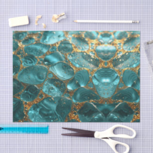 Papel De Seda Patrón de vidrio de mar acuarela mosaico dorado az