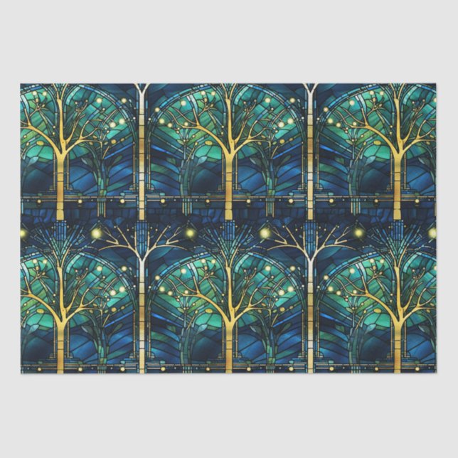 Papel De Seda Patrón de vidrio manchado de árbol celeste verde e (Anverso)