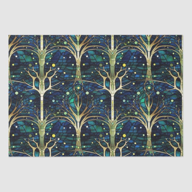 Papel De Seda Patrón de vidrio manchado de árbol celeste verde e (Anverso)