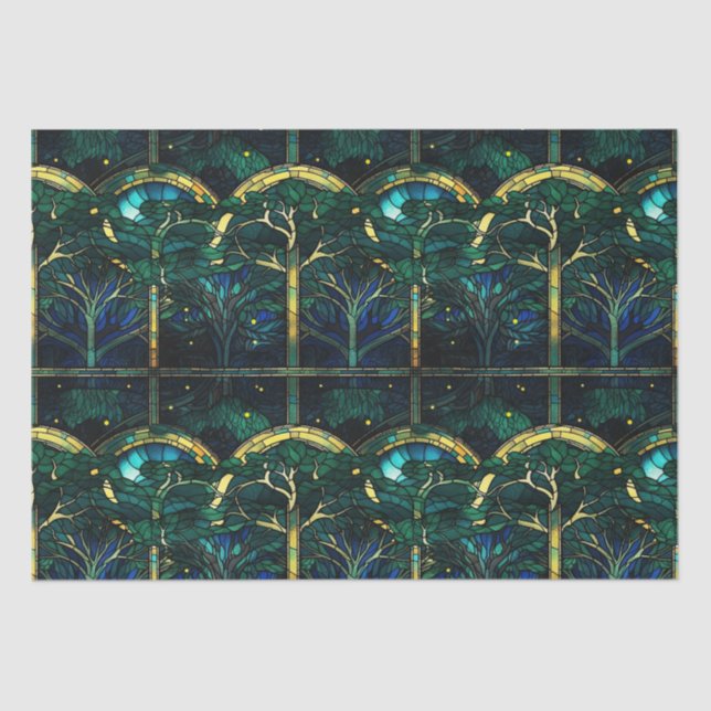 Papel De Seda Patrón de vidrio manchado de árbol celeste verde e (Anverso)