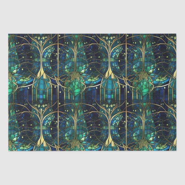 Papel De Seda Patrón de vidrio tintado de árbol celestial verde  (Anverso)