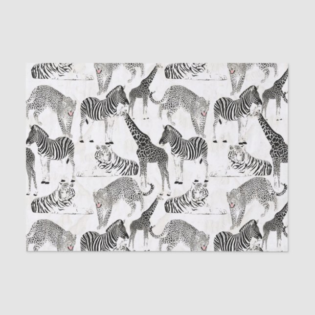 Papel De Seda Patrón elegante de animales de la jungla blanca y  (Anverso)