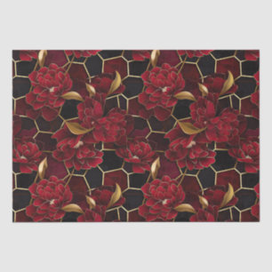 Papel De Seda Patrón elegante de mármol floral rojo, negro y dor