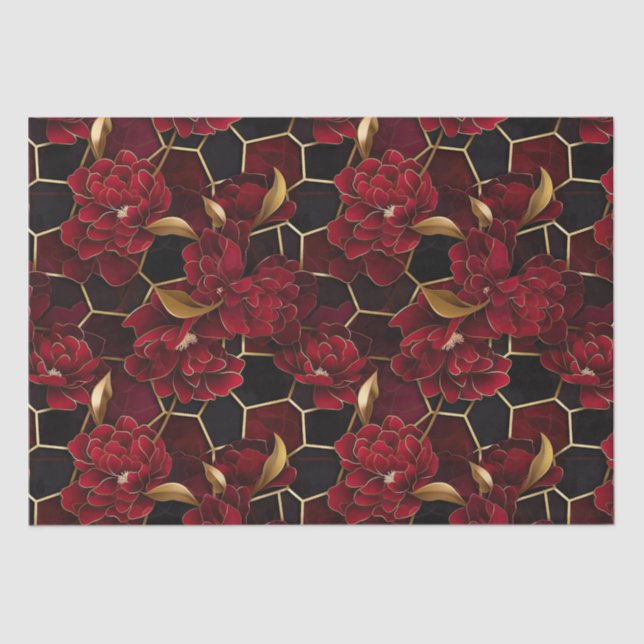 Papel De Seda Patrón elegante de mármol floral rojo, negro y dor (Anverso)