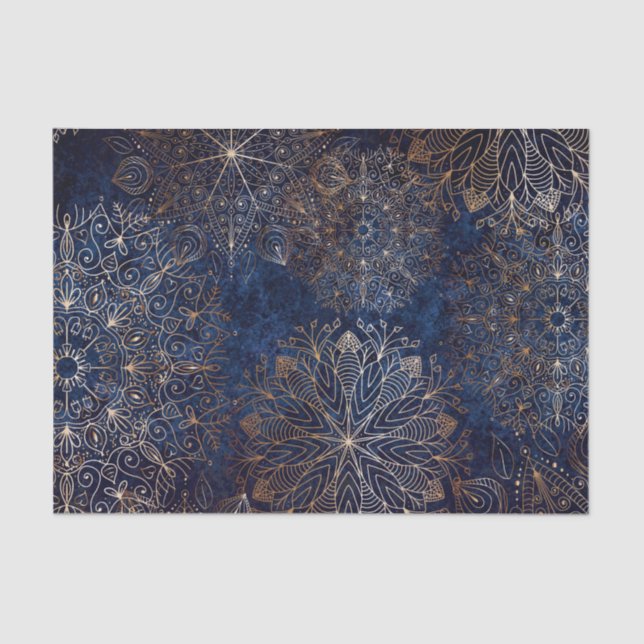 Papel De Seda Patrón elegante dorado y azul oscuro de Mandala (Anverso)