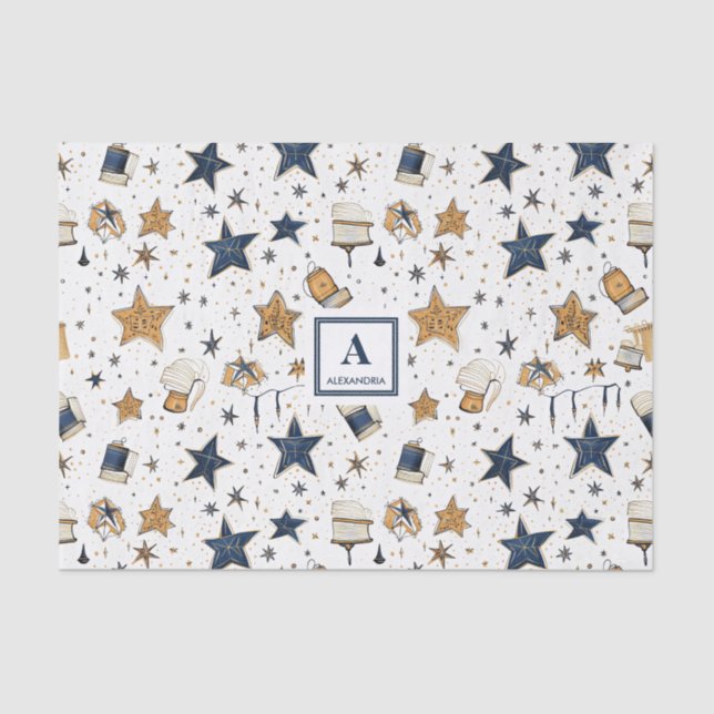 Papel De Seda Patrón elegante personalizado de estrellas azules  (Anverso)