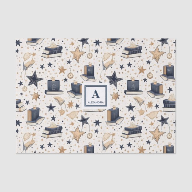 Papel De Seda Patrón elegante personalizado de estrellas azules  (Anverso)