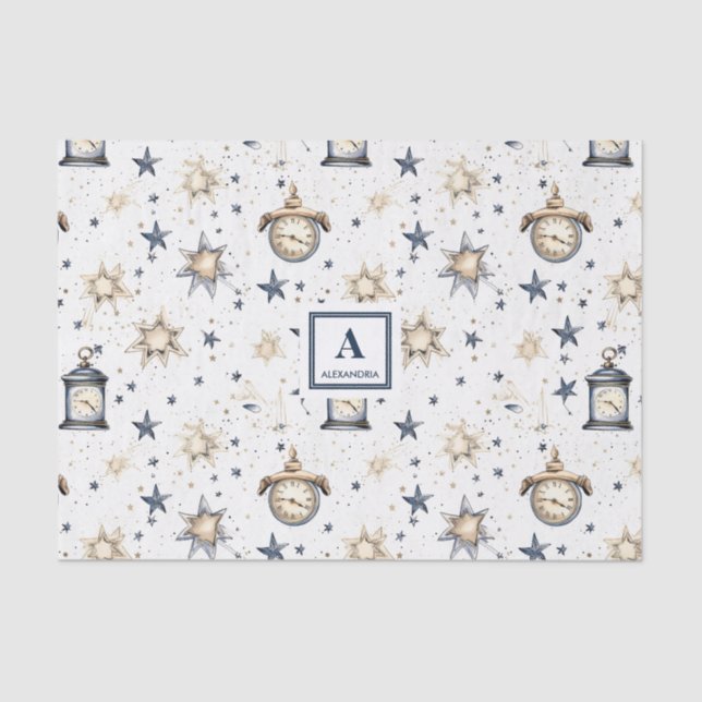 Papel De Seda Patrón elegante personalizado de estrellas azules  (Anverso)