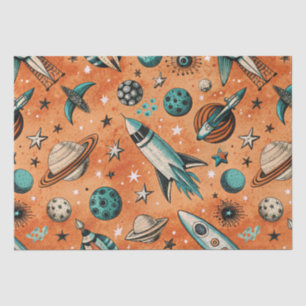 Papel De Seda Patrón espacial de cohete retro terracota teal