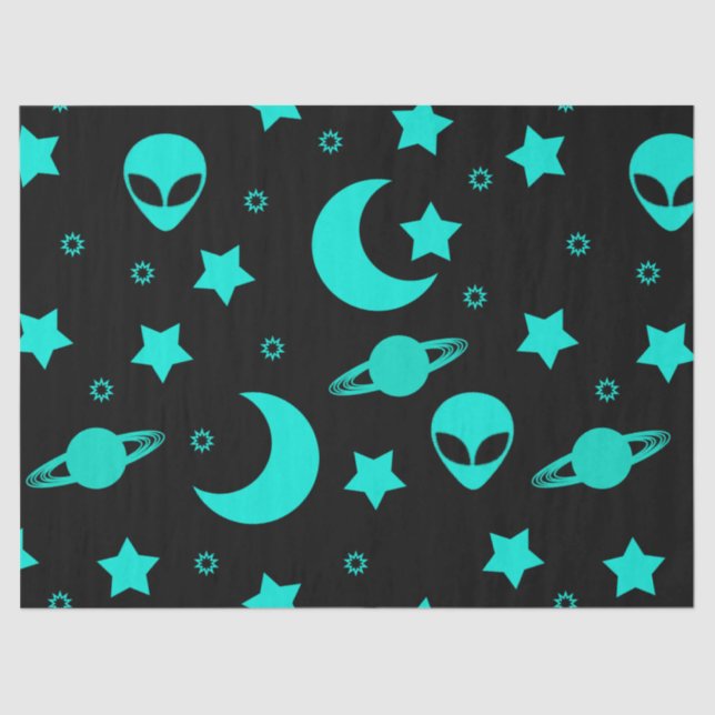 Papel De Seda Patrón extraño turquesa con estrellas y lunas (Anverso)