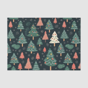 Papel De Seda Patrón festivo de árbol de Navidad verde y coral
