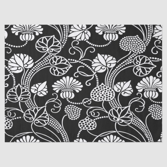 Papel De Seda Patrón floral antiguo negro sobre blanco (Anverso)