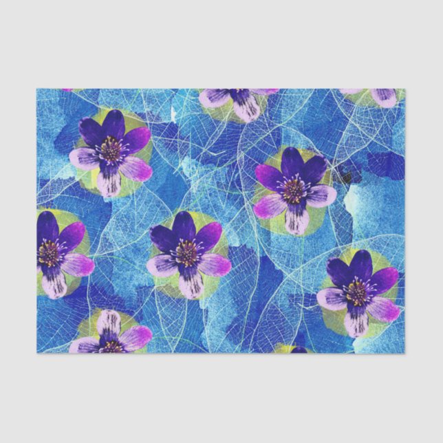 Papel De Seda Patrón floral artístico cuadrado púrpura y azul (Anverso)