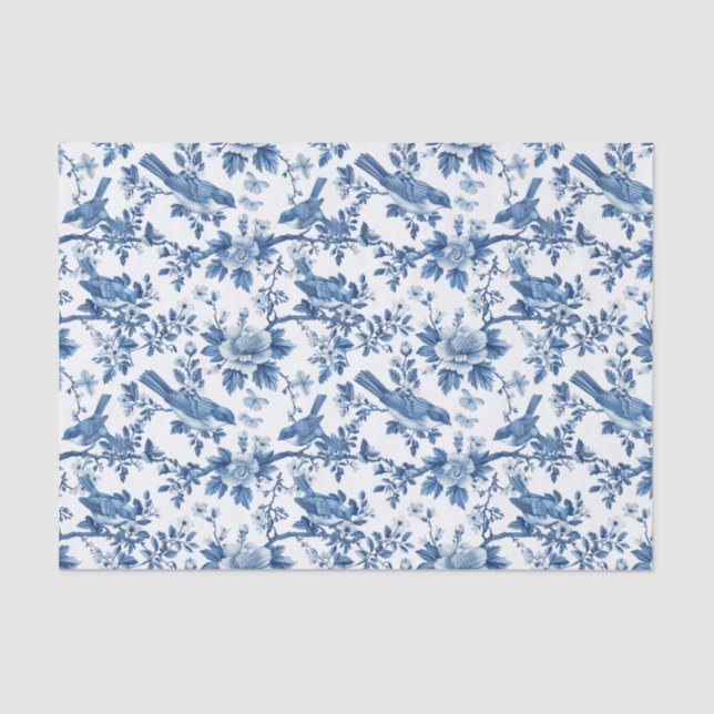 Papel De Seda Patrón floral azul con pájaros en ramas (Anverso)