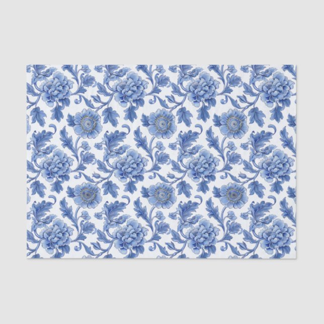 Papel De Seda Patrón floral azul de toile (Anverso)