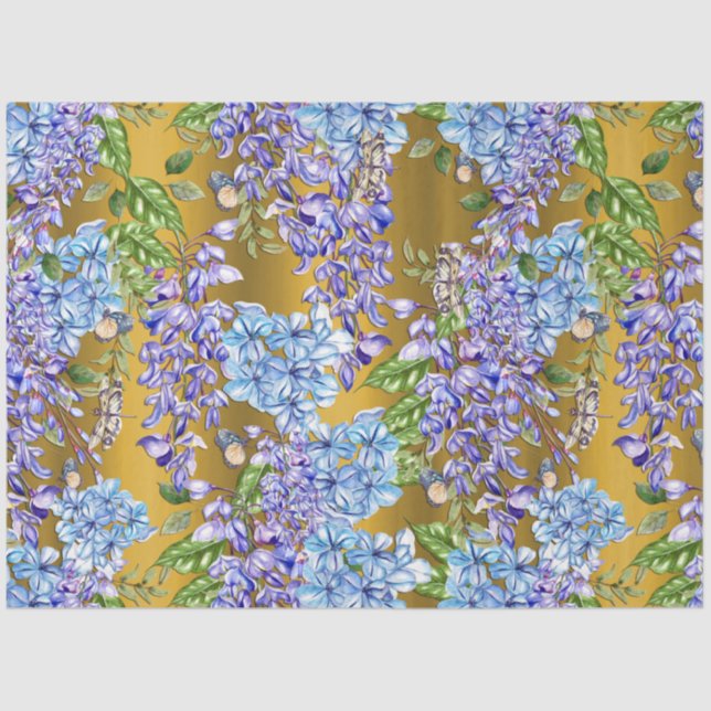 Papel De Seda Patrón floral azul en oro (Anverso)