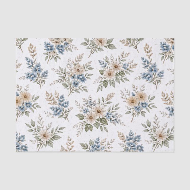Papel De Seda Patrón Floral Azul Marfil Pradera (Anverso)