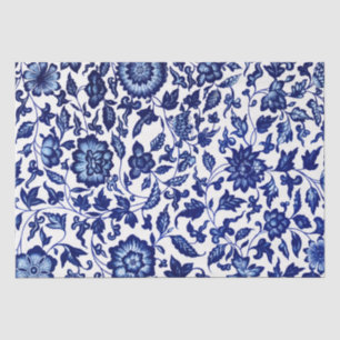 Papel De Seda Patrón floral azul marino oscuro chino sobre blanc