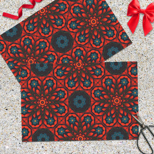 Papel De Seda Patrón floral azul negro rojo de la etnia folclóri