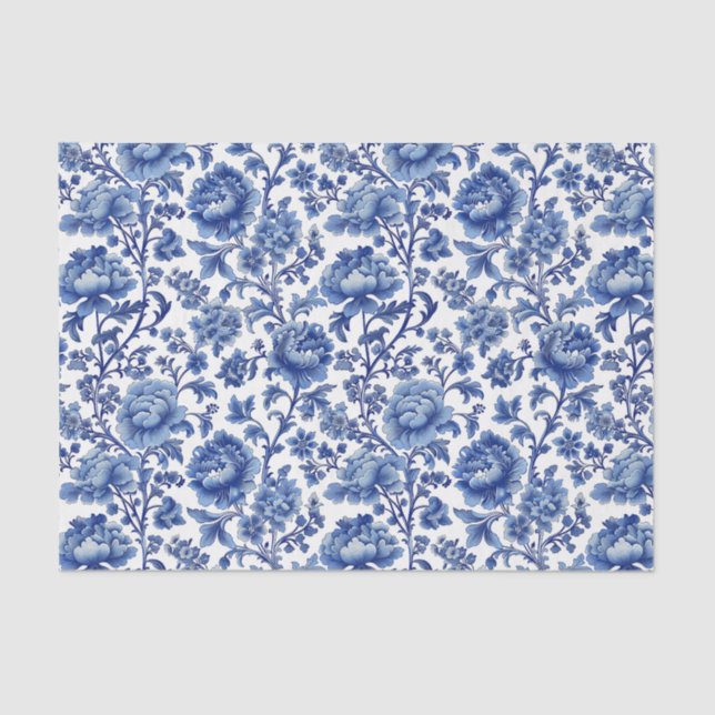 Papel De Seda Patrón floral azul oriental con fondo blanco (Anverso)
