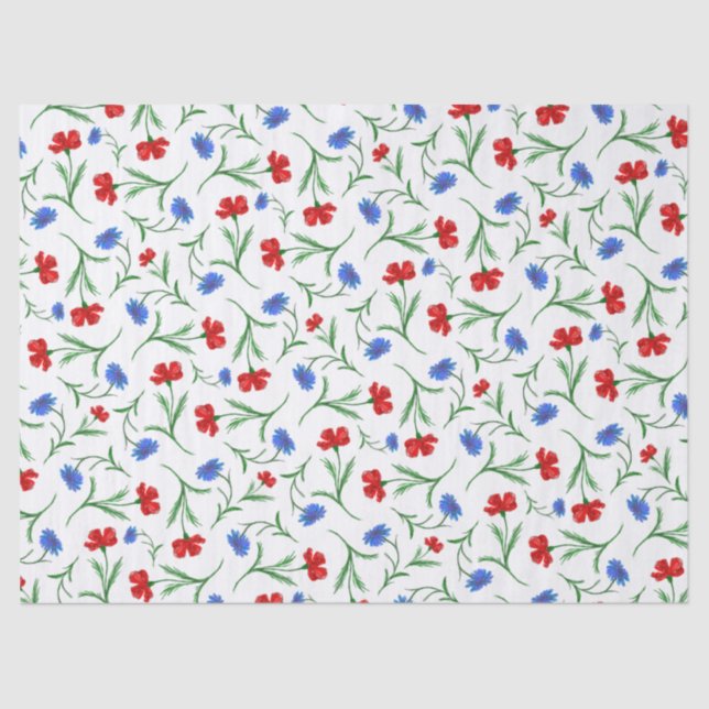 Papel De Seda Patrón floral azul rojo elegante Flores silvestres (Anverso)