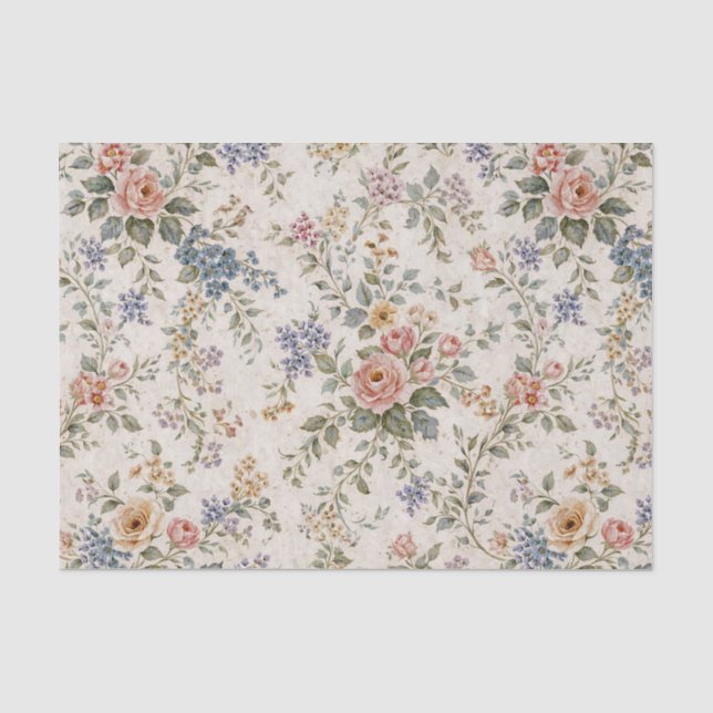 Papel De Seda Patrón Floral Azul Rosado de Cabaña (Anverso)