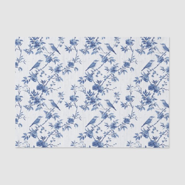 Papel De Seda Patrón floral azul toile con pájaros (Anverso)