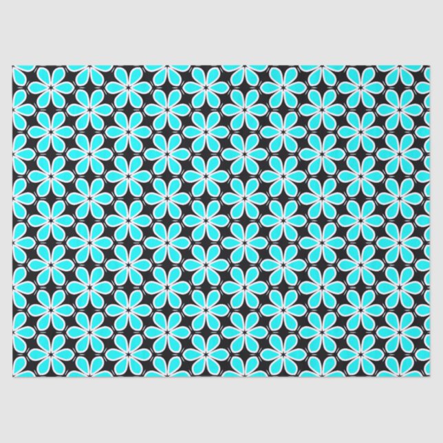 Papel De Seda Patrón floral azul turquesa y negro (Anverso)