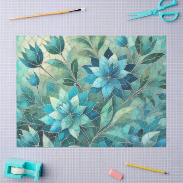 Papel De Seda Patrón Floral Azul Verde Mosaico Decoupage (Artesanía)