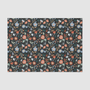 Papel De Seda Patrón floral botánico azul Naranja negro