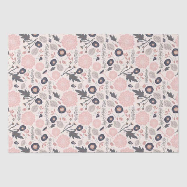 Papel De Seda Patrón floral botánico gris rosado negro (Anverso)