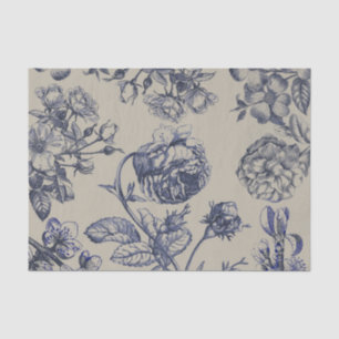 Papel De Seda Patrón Floral Botánico Toile Azul Vintage