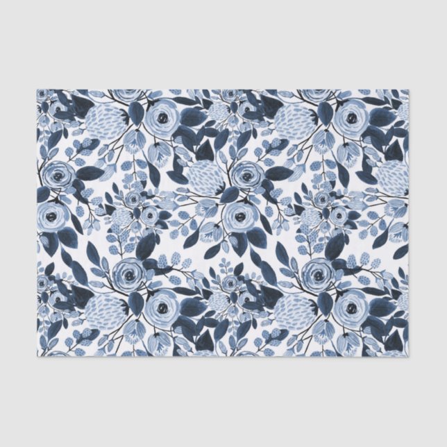 Papel De Seda Patrón floral de acuarela azul Pastel de Marina (Anverso)