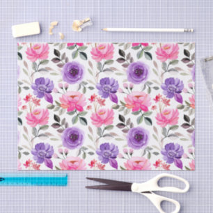 Papel De Seda Patrón floral de acuarela vibrante en rosa y púrpu