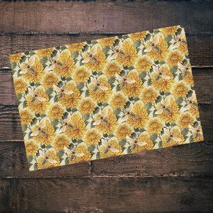Papel De Seda Patrón floral de Dahlias doradas y abejas vintage