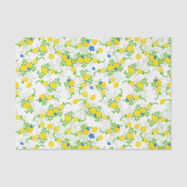 Papel De Seda Patrón floral de lémones amarillos y azules de ver (Anverso)