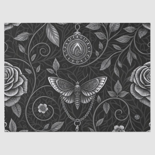 Papel De Seda Patrón floral de mariposa gótica (3) (Anverso)