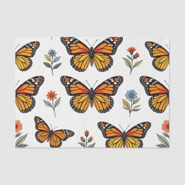 Papel De Seda Patrón Floral de Mariposa Monarca (Anverso)