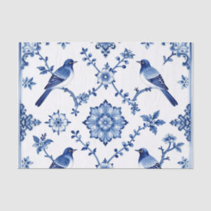 Papel De Seda Patrón floral de pájaros chinoiserie azul