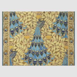 Papel De Seda Patrón Floral de Pavo Real Azul Art Nouveau Vintag