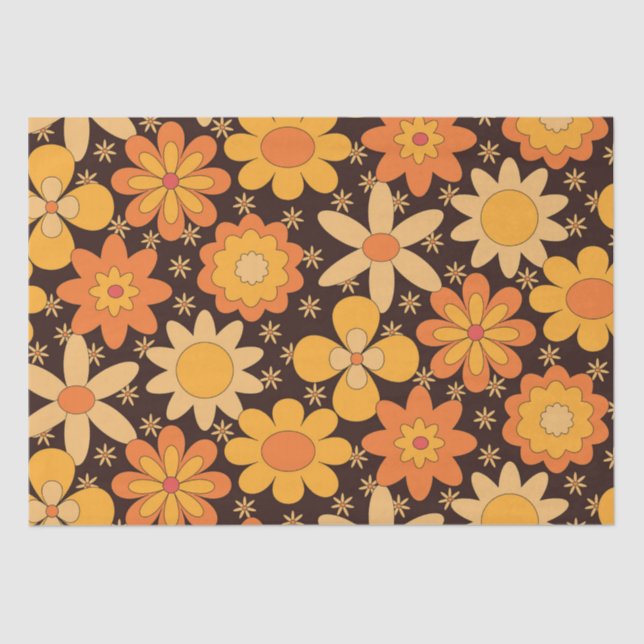 Papel De Seda Patrón floral de Retro Groovy Amarillo y Naranja (Anverso)