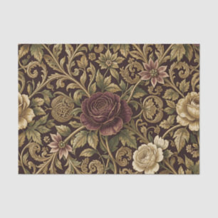 Papel De Seda Patrón Floral de Rosa de Borgoña Dorada de Lujo