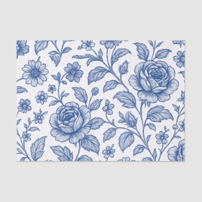 Papel De Seda Patrón floral de Rosas azules reales (Anverso)