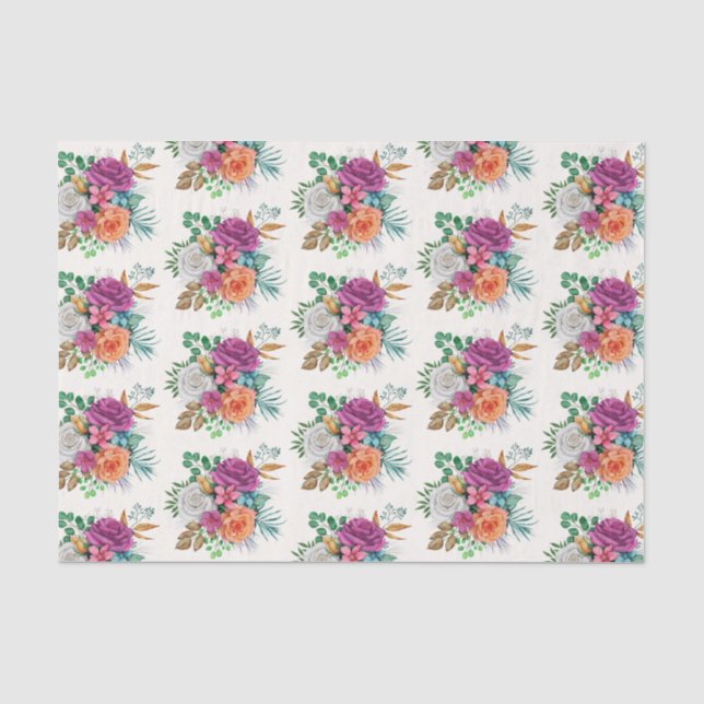 Papel De Seda Patrón floral de rosas rosa, Naranja y blanco (Anverso)