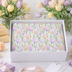 Papel De Seda Patrón Floral de Tulipán con Acuarela Verde Púrpur