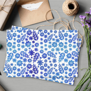 Papel De Seda Patrón floral dibujado con la mano de China azul