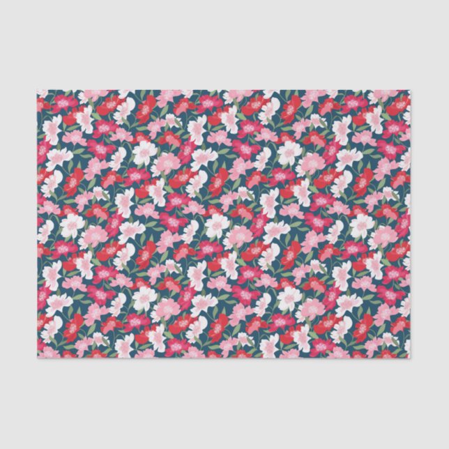 Papel De Seda Patrón floral divertido rosa rojo blanco (Anverso)
