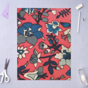Papel De Seda Patrón Floral Flores Azul Rojo Retro Decoupage